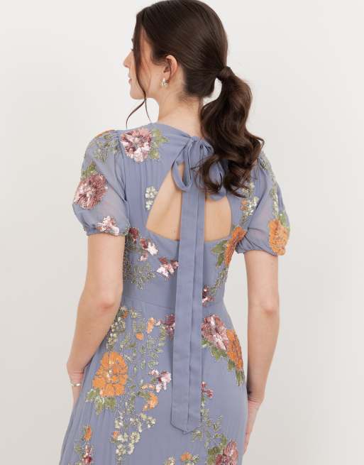 Maya Embellished puff sleeve open back maxi dress in wisteria blue, 4 of 4