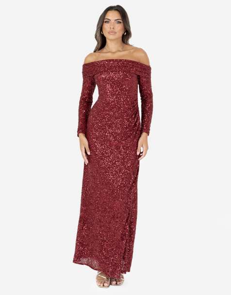 Maya Embellished red long sleeve bardot maxi dress in burgundy