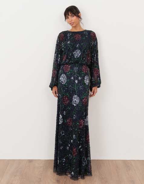Maya Embellished round neck long blouson sleeve maxi dress in navy - view 1