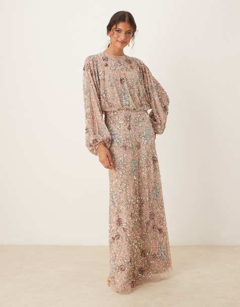 Maya Embellished round neck long sleeve maxi dress in multi