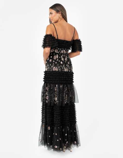 Maya Embellished ruffle bardot maxi dress in black