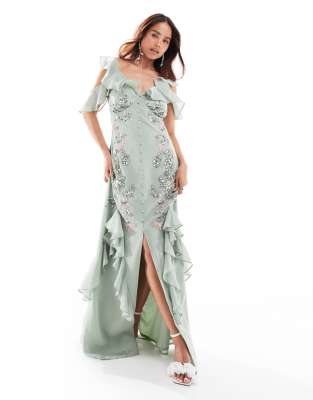 Maya Maya embellished ruffle button down maxi dress in sage-Green