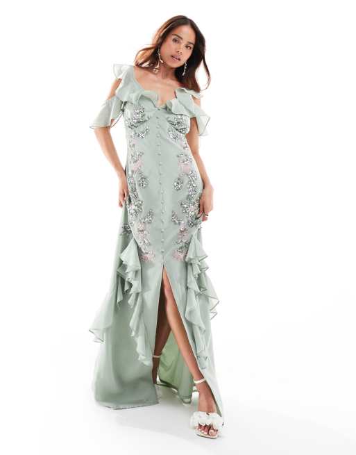 Maya embellished ruffle button down maxi dress in sage