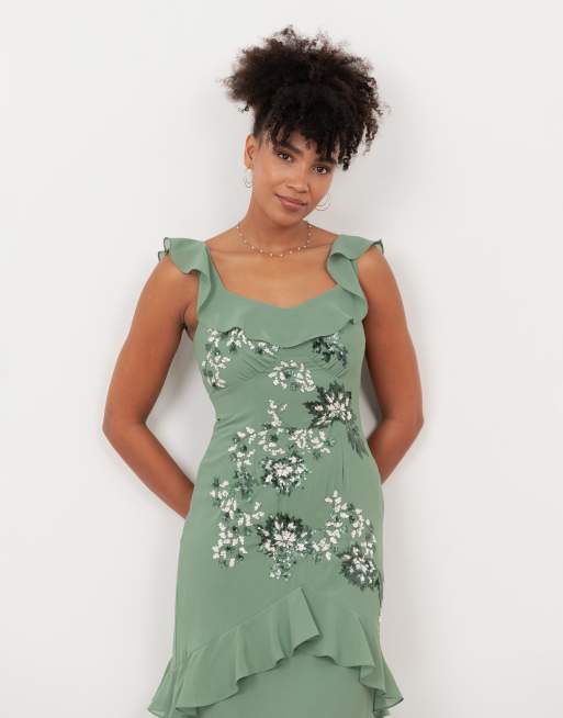 Maya Embellished ruffle maxi dress in deep mint, 3 of 4