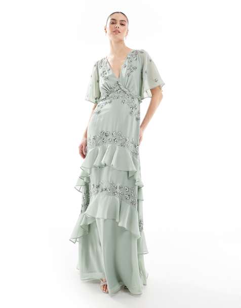 Maya Embellished ruffled short sleeve maxi bridesmaid dress in sage green - view 1
