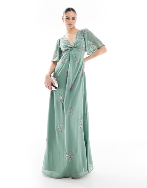 Maya Embellished short angel sleeve maxi dress in dark sage - view 1