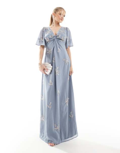 Maya Embellished short angel sleeve maxi dress in dusty blue - view 1