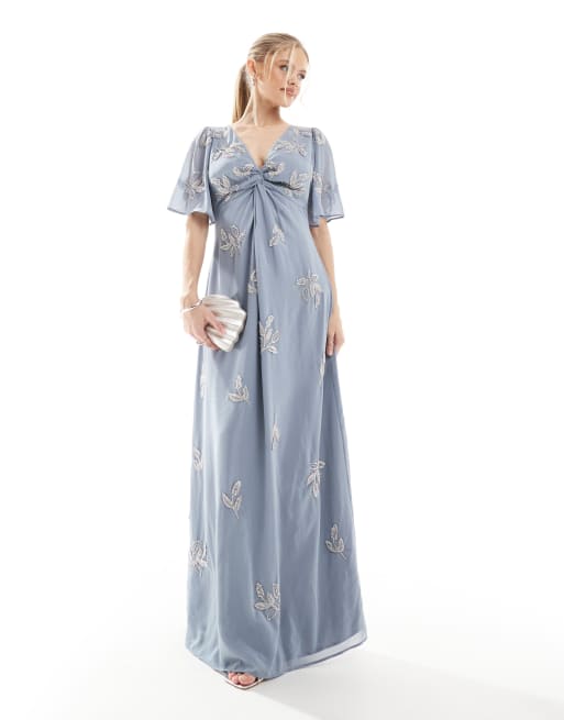 Maya Embellished short angel sleeve maxi dress in dusty blue