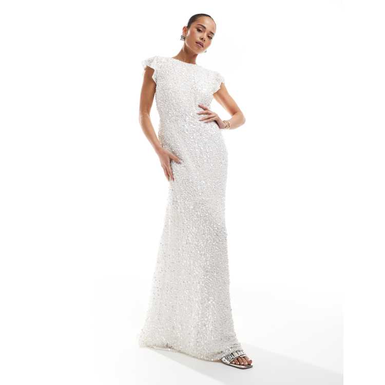 knee length dresses for ladies Maya Ivory Fully Embellished V Neck Long Sleeve Bridal Maxi Dress – Maya  Deluxe main image 0