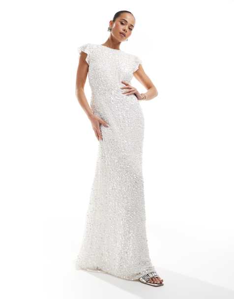 Maya Embellished short flutter sleeve maxi dress in white