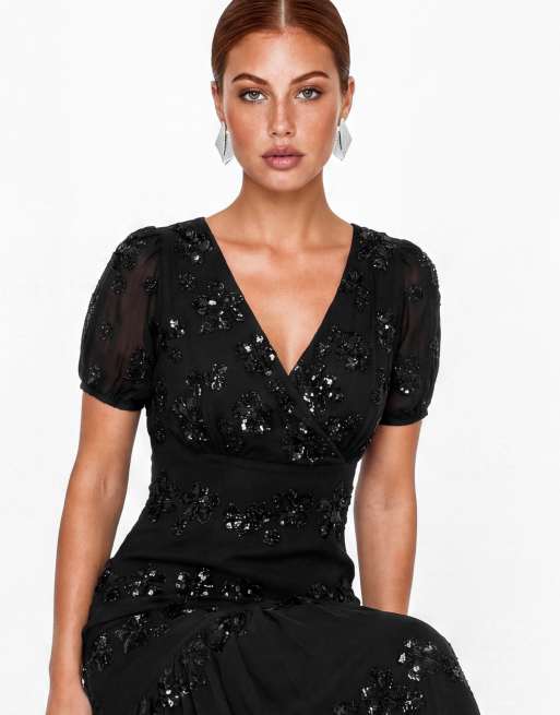 Maya Embellished short sleeve maxi dress in black, 3 of 5