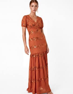 Maya Embellished Short Sleeve Maxi Dress In Orange