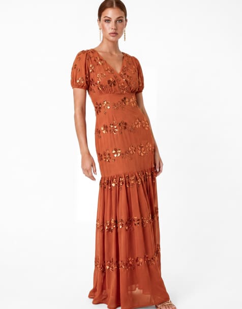 Maya Embellished short sleeve maxi dress in burnt orange - view 1
