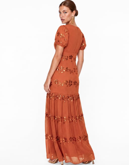 Maya Embellished short sleeve maxi dress in burnt orange, 2 of 5