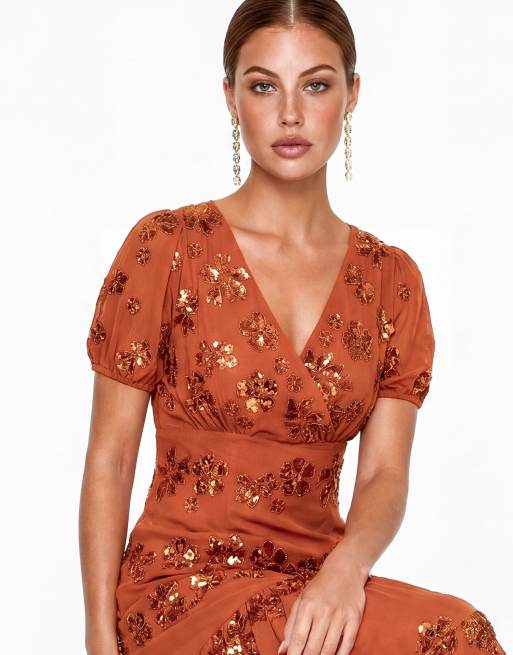 Maya Embellished short sleeve maxi dress in burnt orange, 3 of 5