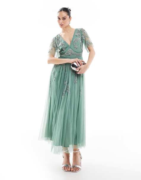 Maya Embellished short sleeve midi dress in dark sage