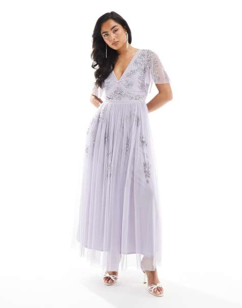 Maya Embellished short sleeve midi dress in thistle lilac
