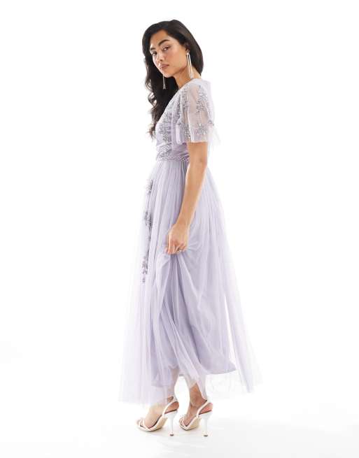 Maya Embellished short sleeve midi dress in thistle lilac, 2 of 4