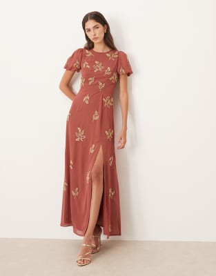 Maya Embellished Short Sleeve Open Back Maxi Dress In Brown