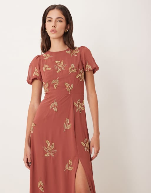 Maya Embellished short sleeve open back maxi dress in copper rose, 2 of 4
