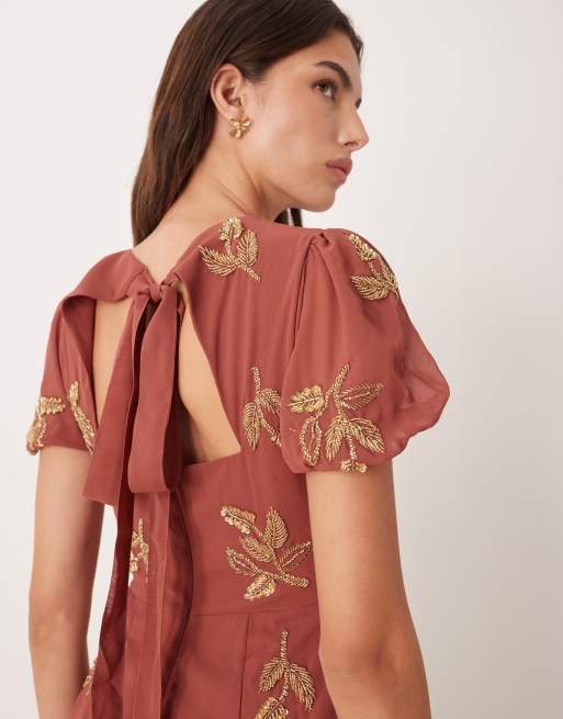 Maya Embellished short sleeve open back maxi dress in copper rose, 3 of 4