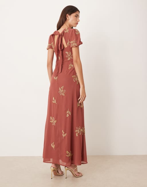 Maya Embellished short sleeve open back maxi dress in copper rose, 4 of 4