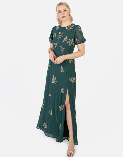Maya Embellished short sleeve open back maxi dress in emerald green