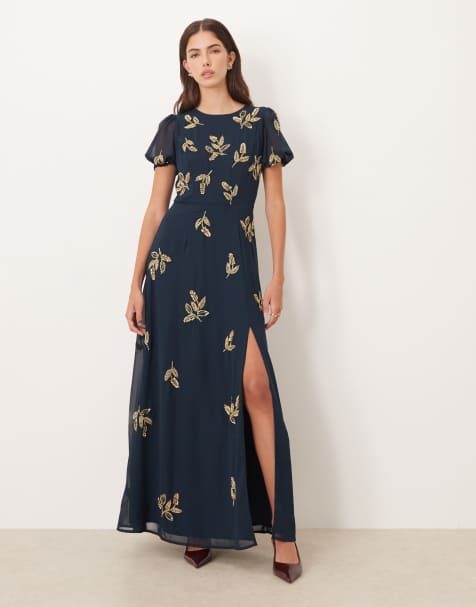 Maya Embellished short sleeve open back maxi dress in navy