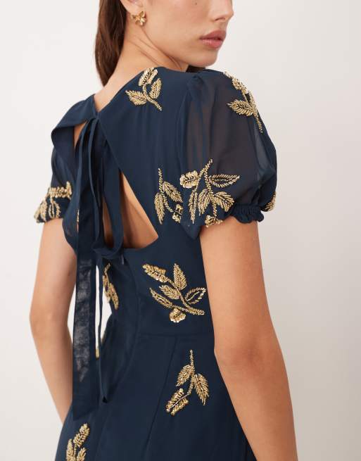 Maya Embellished short sleeve open back maxi dress in navy ASOS