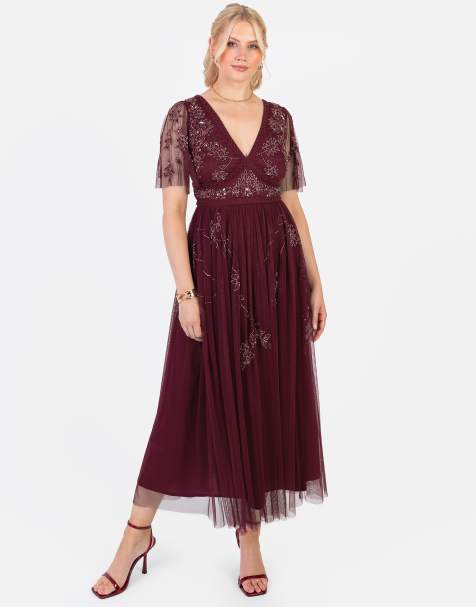 Maya Embellished short sleeve open back midaxi dress in cranberry