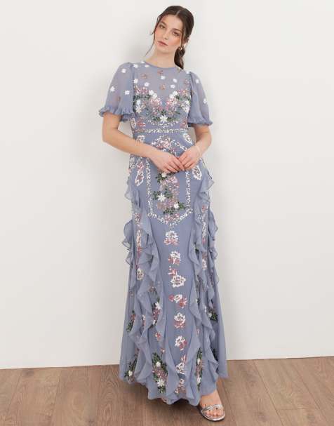 Maya Embellished short sleeve ruffle maxi dress in wisteria blue - view 1