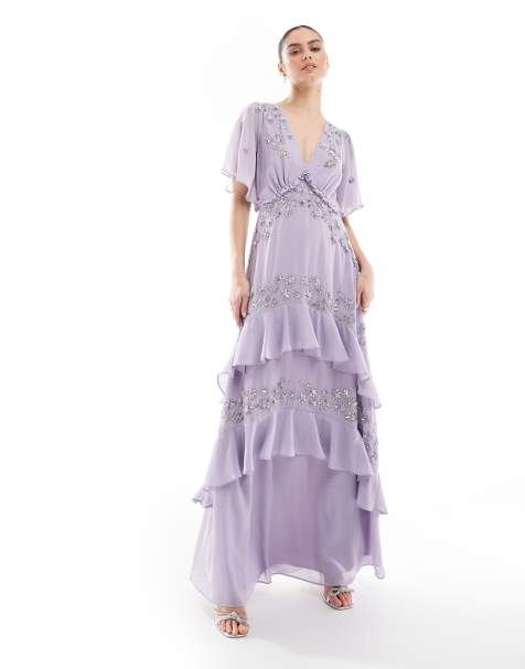 Maya Embellished short sleeve ruffled maxi dress in thistle lilac - view 1