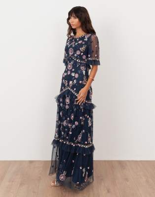 Maya Embellished Short Sleeve Spot Mesh Maxi Dress In Blue