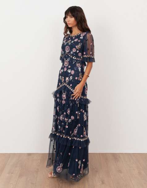 Maya Embellished short sleeve spot mesh maxi dress in navy
