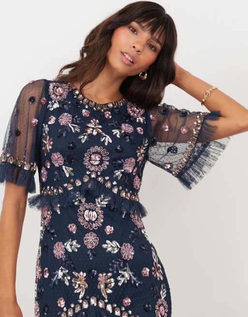 Maya Embellished short sleeve spot mesh maxi dress in navy | ASOS