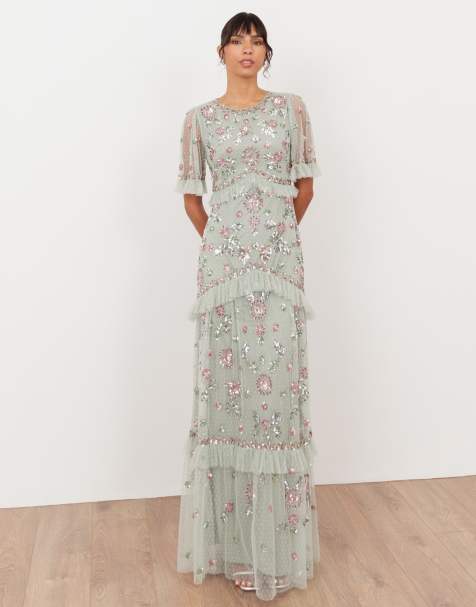 Maya Embellished short sleeve spot mesh maxi dress in sage green