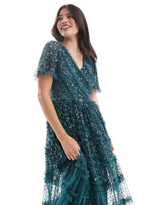 Maya Embellished short sleeve v neck maxi dress in emerald green