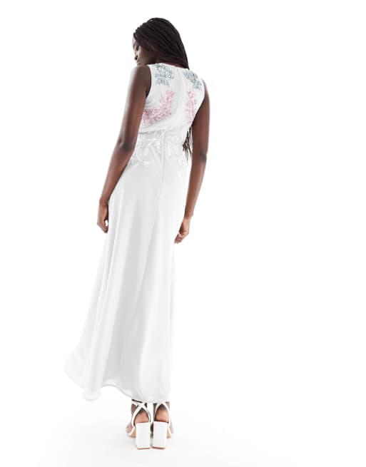 sachin and babi light blue dress asos Maya Floral embellished shirred waist short sleeve maxi bridesmaid  dress in dusty blue