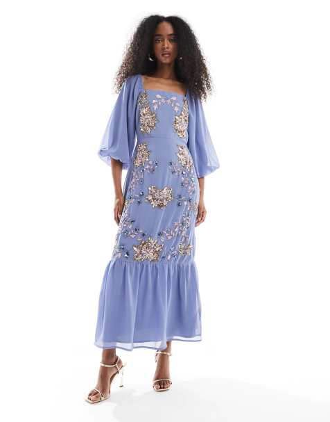 Maya Embellished square neck midaxi dress in lavender blue