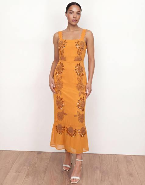 Maya Embellished square neck strappy midaxi dress in amber