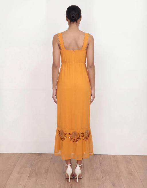 Maya Embellished square neck strappy midaxi dress in amber, 3 of 4