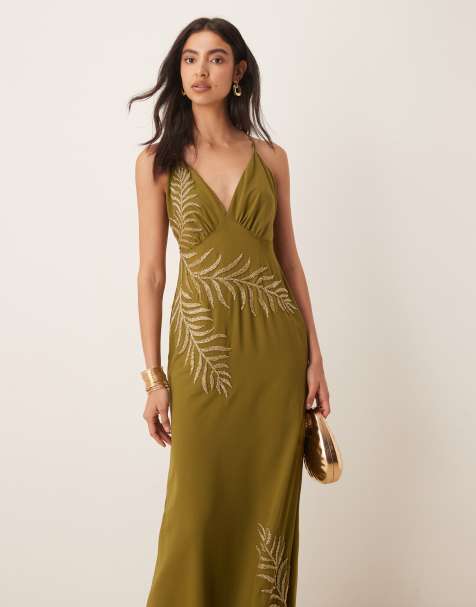 Maya Embellished strappy cross back maxi dress in olive