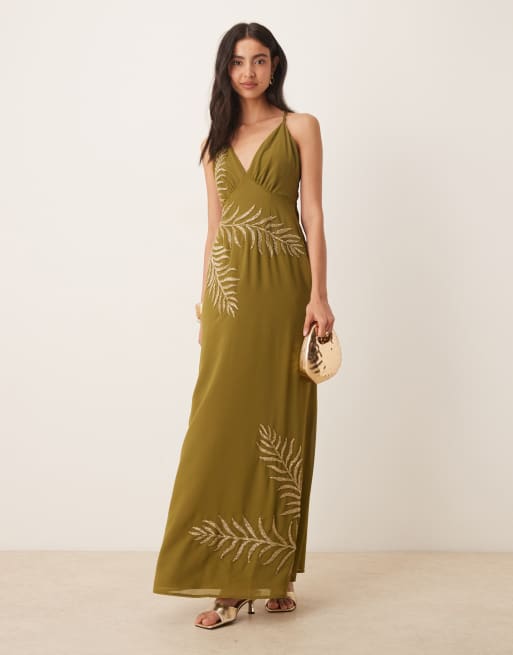 Maya Embellished strappy cross back maxi dress in olive, 2 of 4