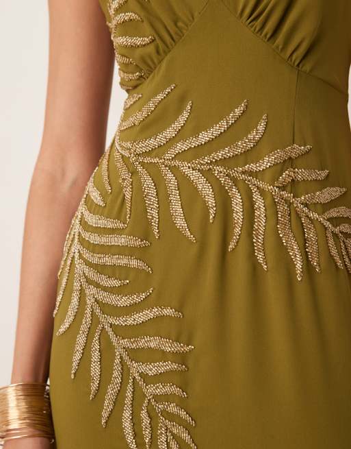 Maya Embellished strappy cross back maxi dress in olive, 3 of 4