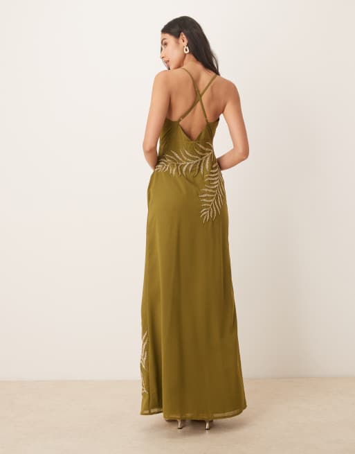 Maya Embellished strappy cross back maxi dress in olive, 4 of 4