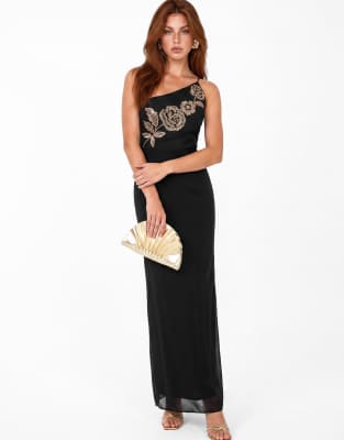 Maya Embellished Strappy One Shoulder Maxi Dress In Black