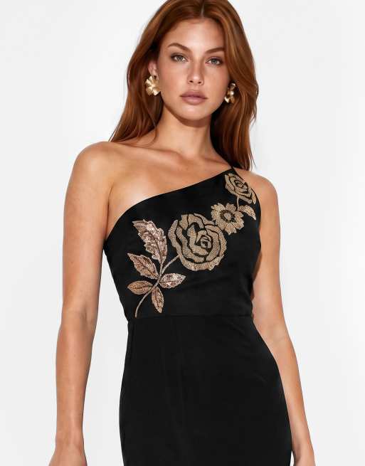 Maya Embellished strappy one shoulder maxi dress in black, 3 of 6