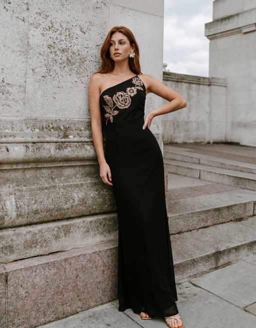 Maya Embellished strappy one shoulder maxi dress in black, 6 of 6