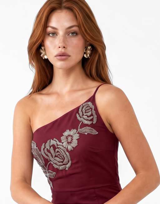 Maya Embellished strappy one shoulder maxi dress in ruby, 4 of 7