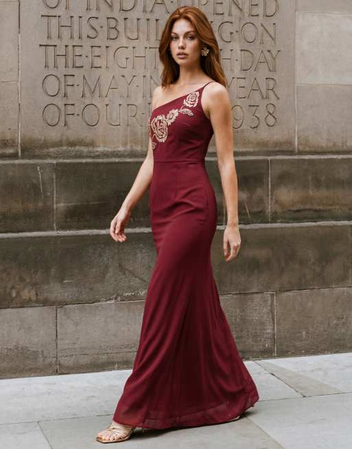 Maya Embellished strappy one shoulder maxi dress in ruby, 6 of 7